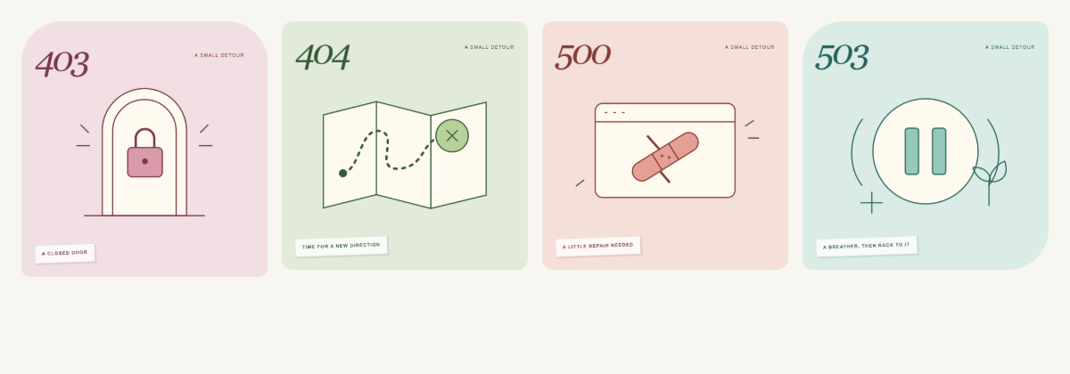 Four Anteomnio error illustrations: a locked door for 403, a map for 404, a repair motif for 500 and a pause symbol for 503