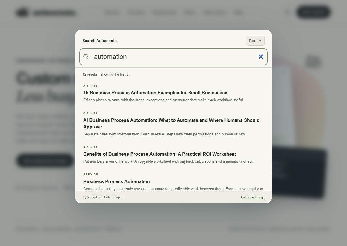 Anteomnio site search showing article and service matches for automation