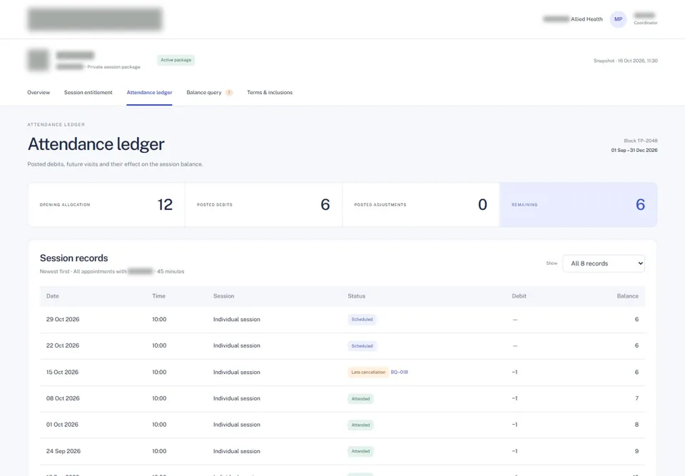 Attendance ledger — identifying labels masked