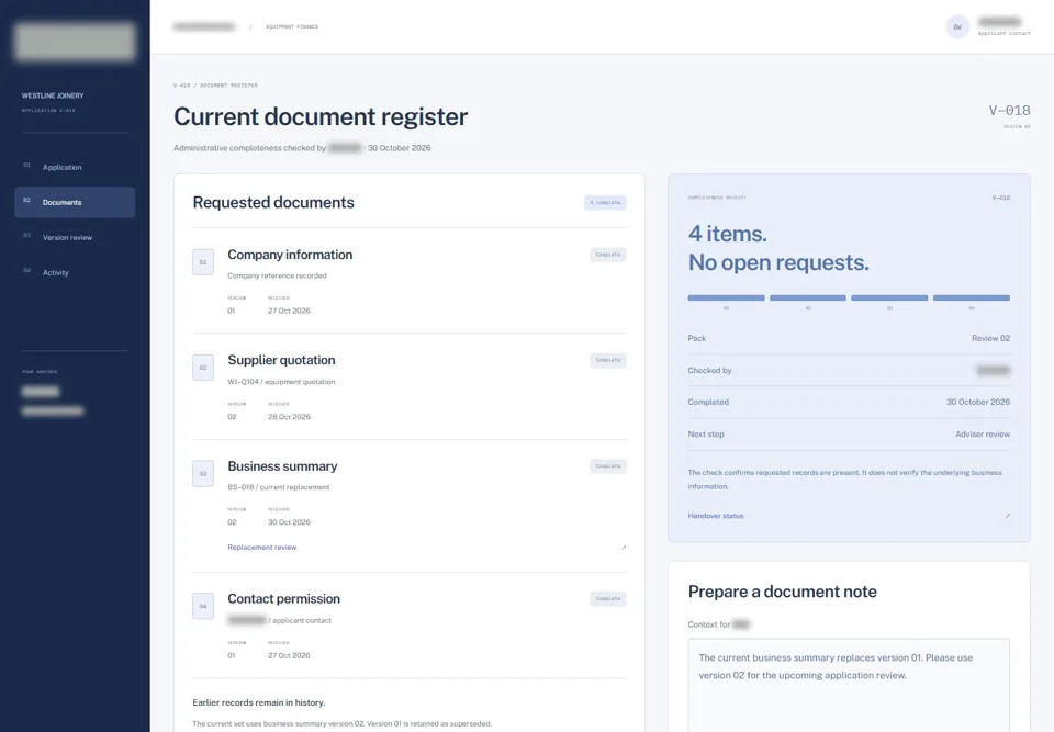 Current document register — identifying labels masked