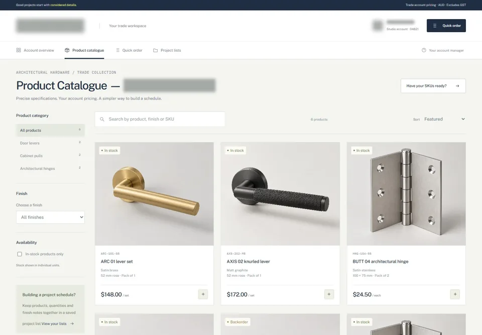 Catalogue, finishes and supply status, with identifying details masked
