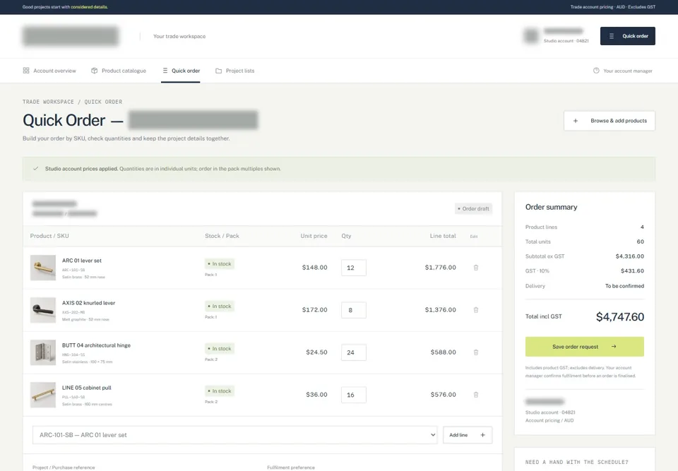 Quick order and calculated totals, with identifying details masked