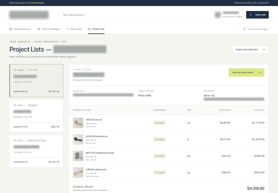 Saved project schedules, with identifying details masked