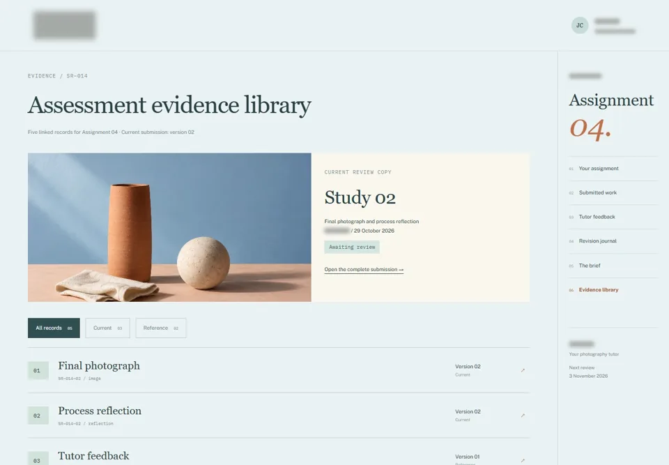 Assessment evidence library — identifying labels masked