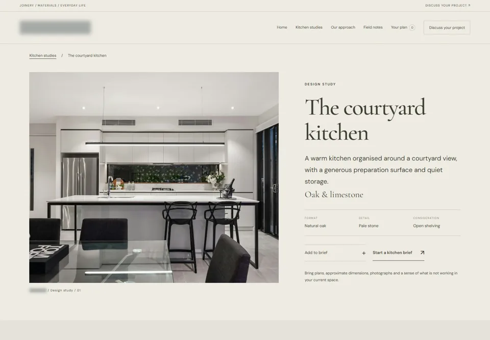 The courtyard kitchen — identifying labels masked