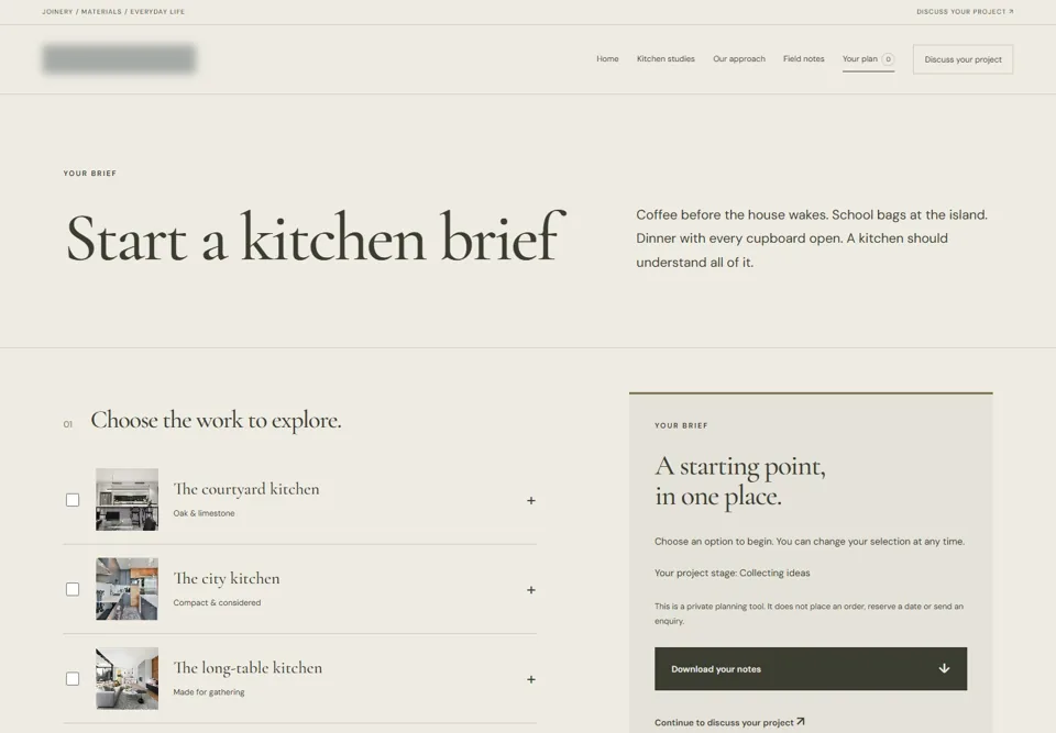 Start a kitchen brief — identifying labels masked