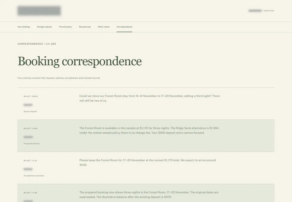 Booking correspondence — identifying labels masked
