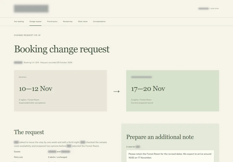 Booking change request — identifying labels masked