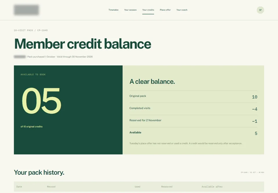 Member credit balance — identifying labels masked