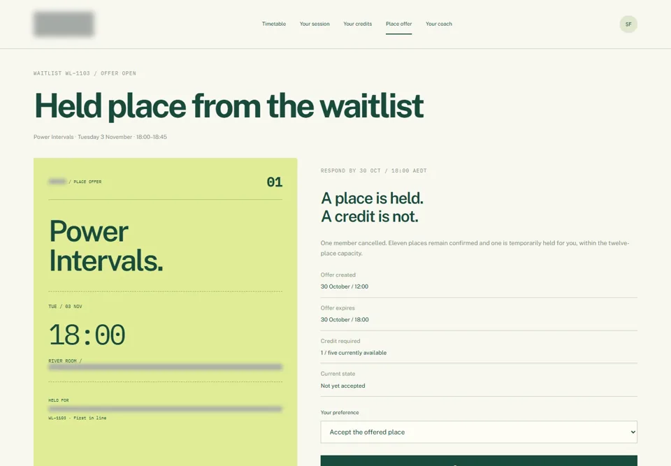 Held place from the waitlist — identifying labels masked