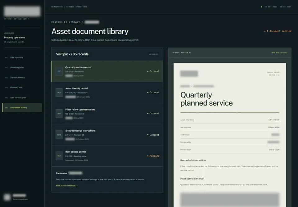 Asset document library — identifying labels masked