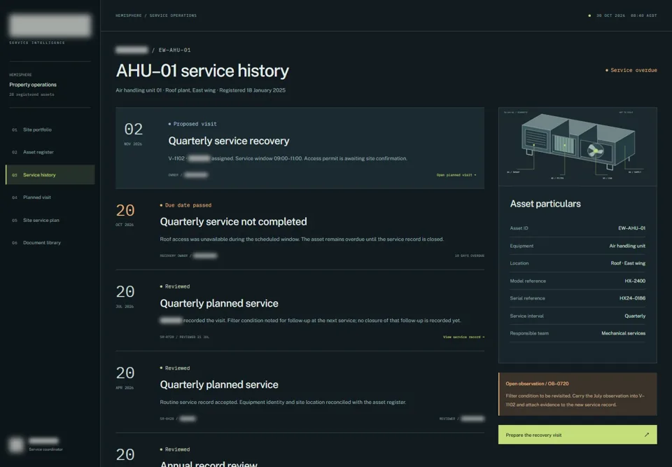 AHU–01 service history — identifying labels masked