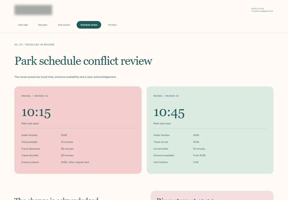 Park schedule conflict review — identifying labels masked