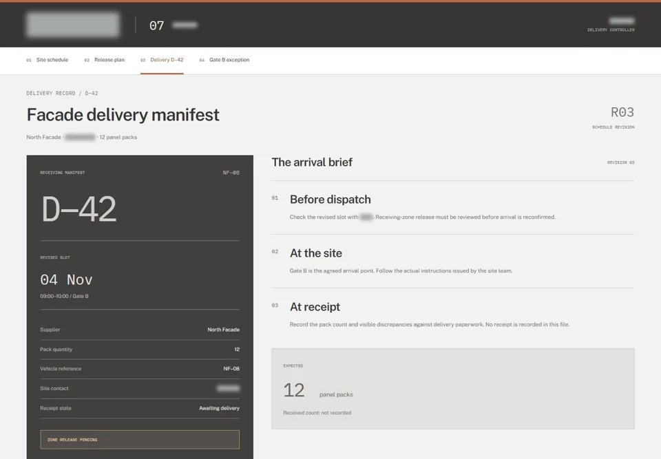 Facade delivery manifest — identifying labels masked