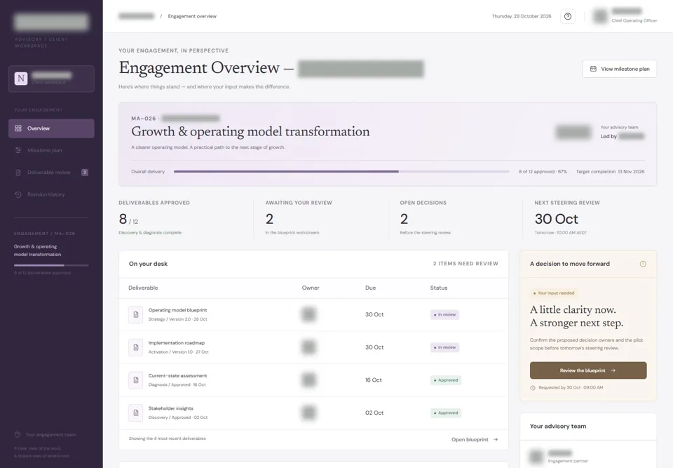Engagement overview and deliverable register, with identifying details masked