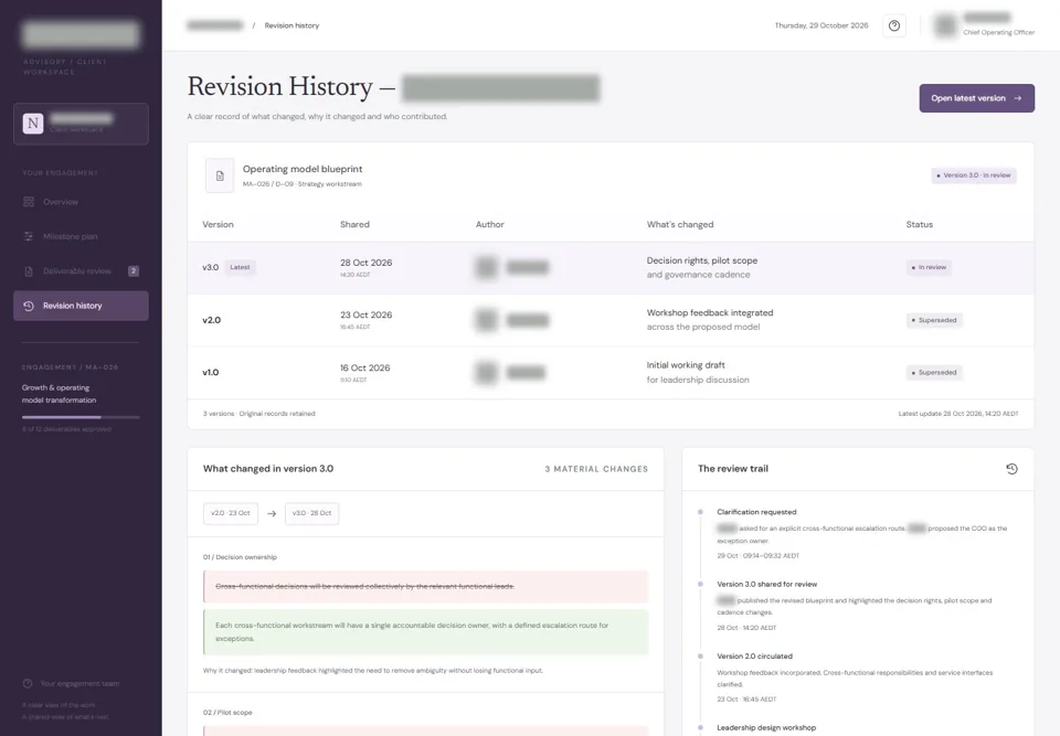 Retained versions and changes, with identifying details masked