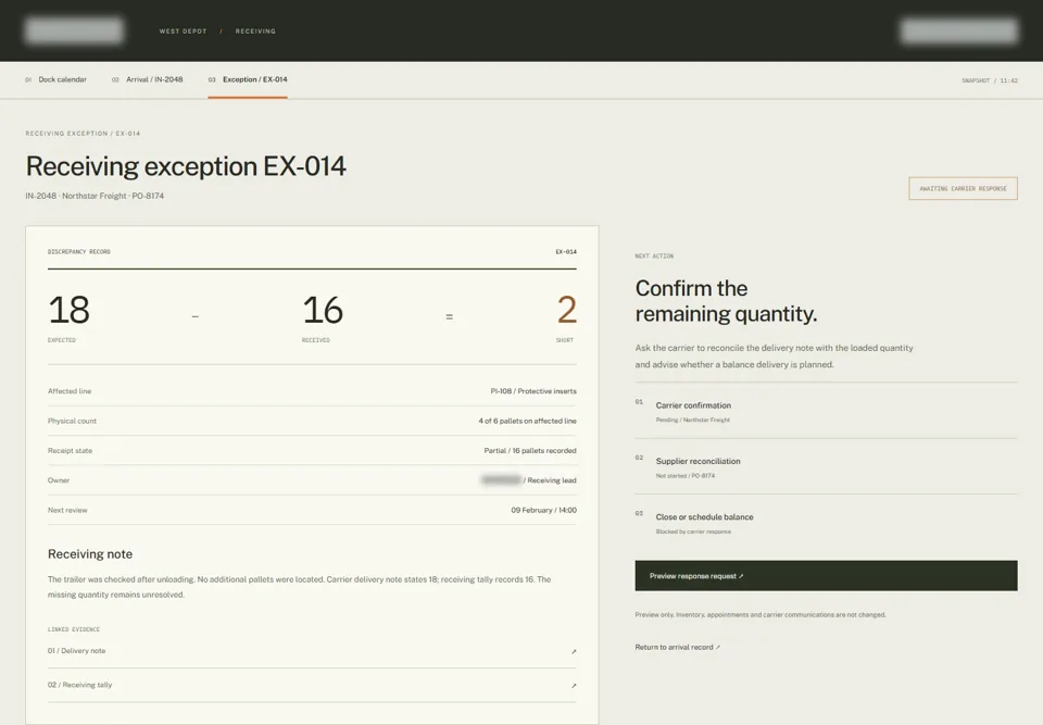 Receiving exception EX-014 — identifying labels masked