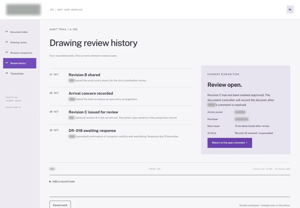 Drawing review history — identifying labels masked
