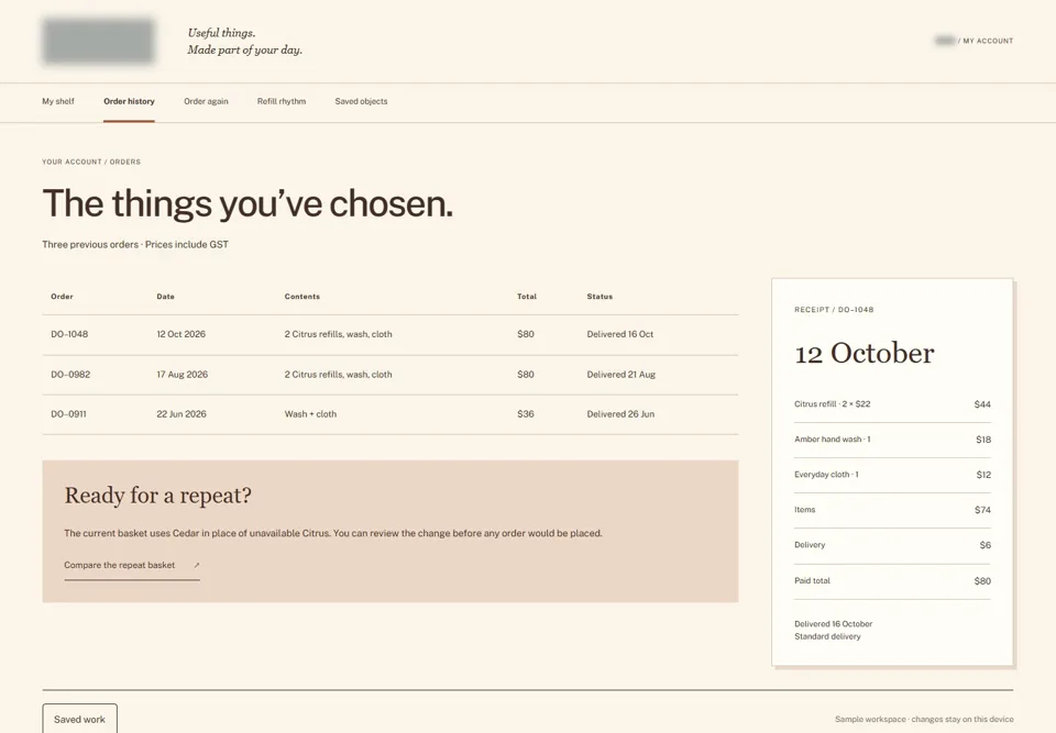 Order history — identifying labels masked