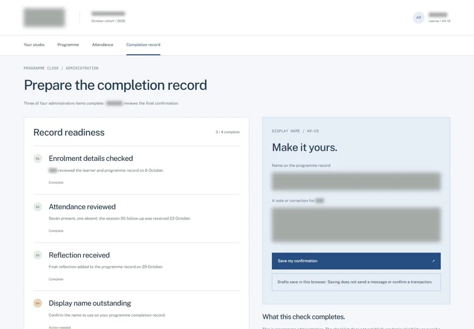 Prepare the completion record — identifying labels masked