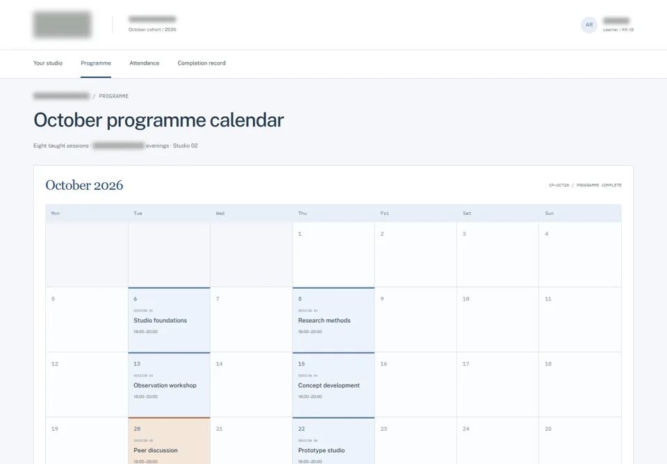 October programme calendar — identifying labels masked