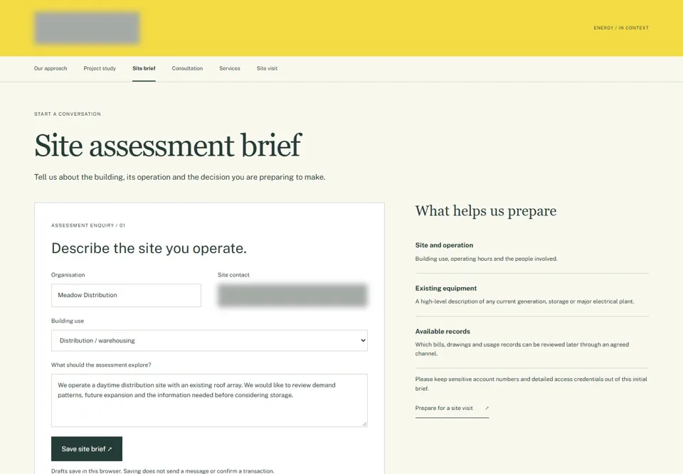 Site assessment brief — identifying labels masked