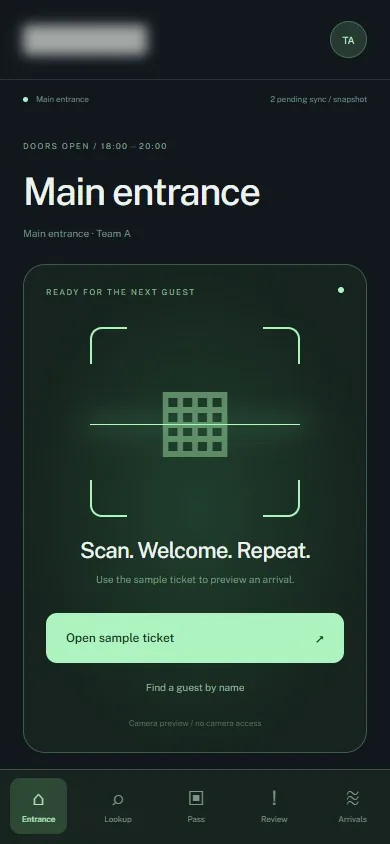 Main entrance — identifying labels masked