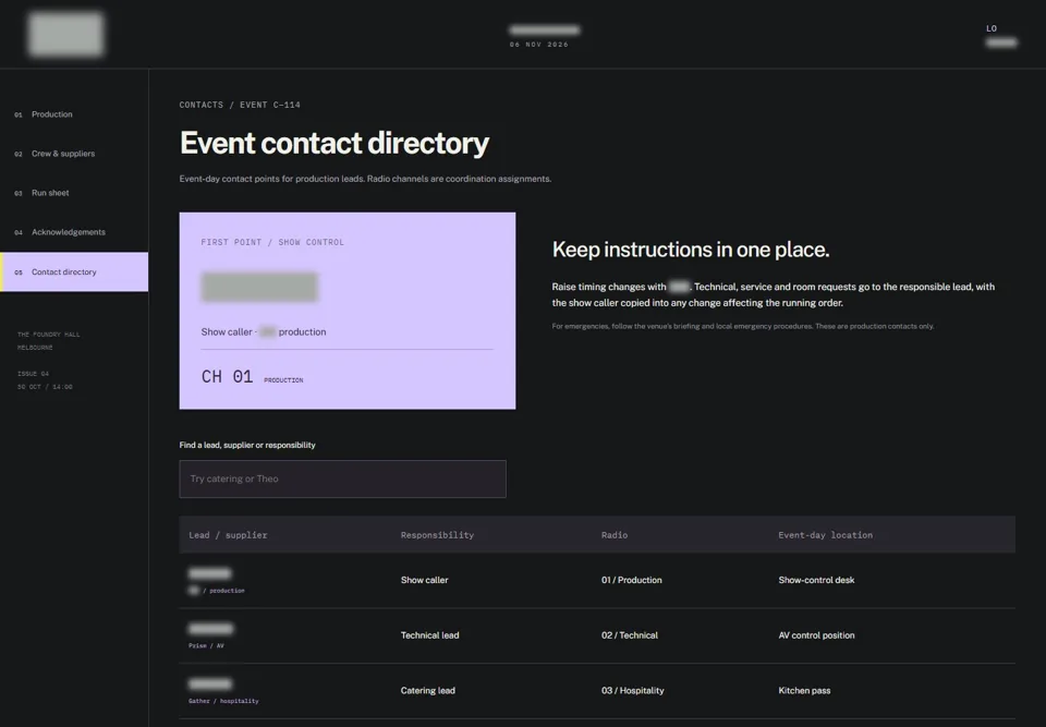 Event contact directory — identifying labels masked