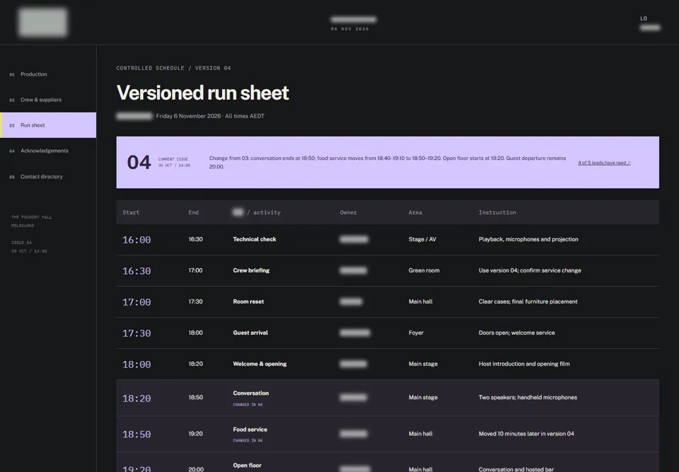 Versioned run sheet — identifying labels masked