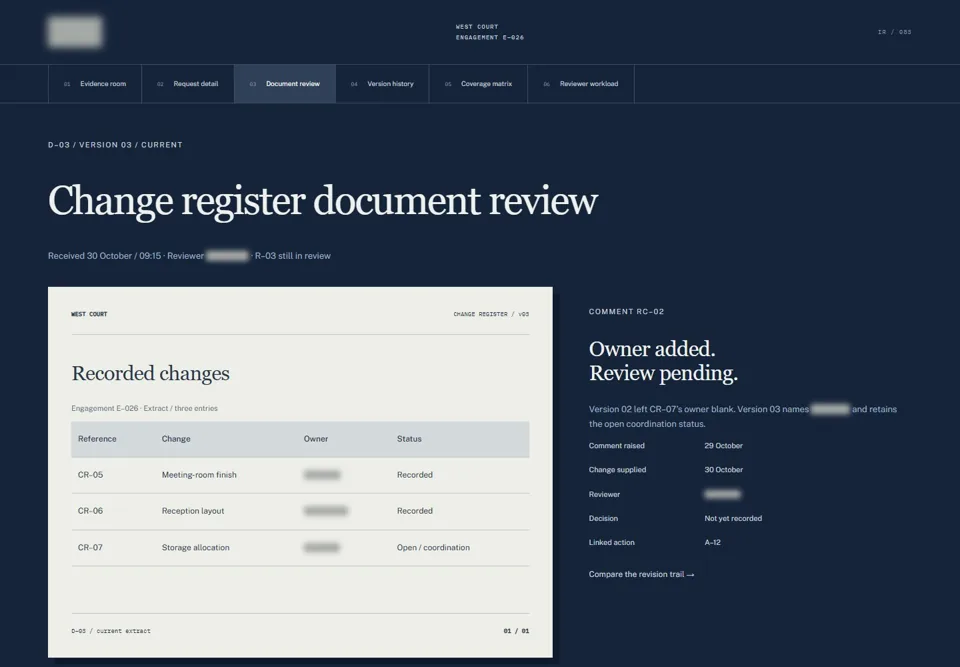 Change register document review — identifying labels masked
