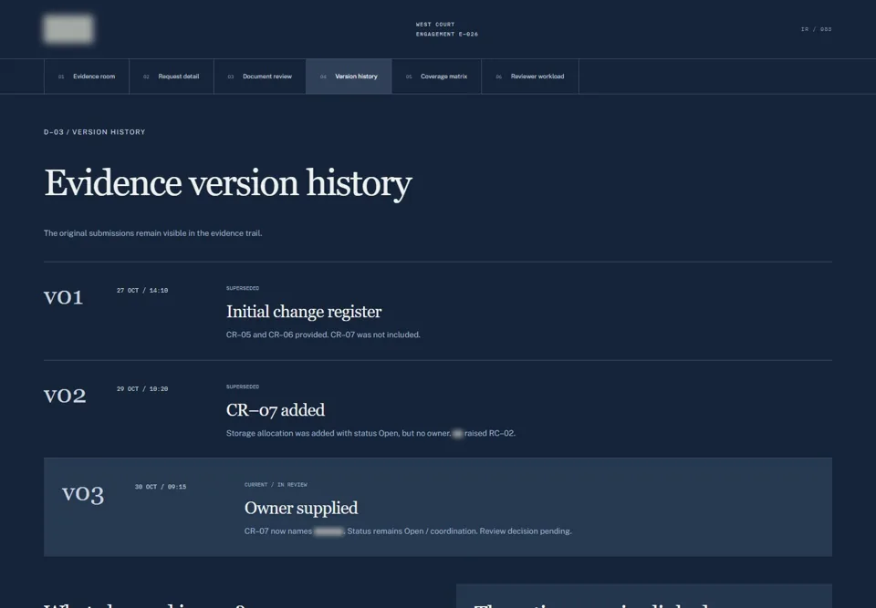 Evidence version history — identifying labels masked