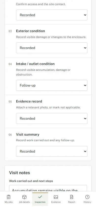 Field-service mobile app: A finished checklist can still contain an open observation.