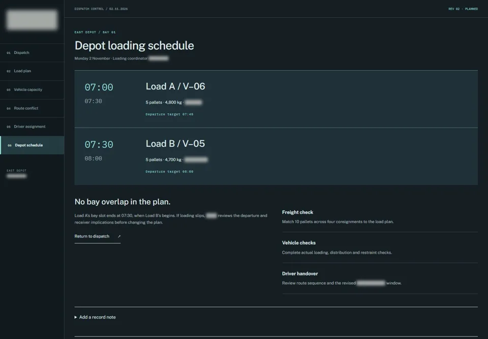 Depot loading schedule — identifying labels masked