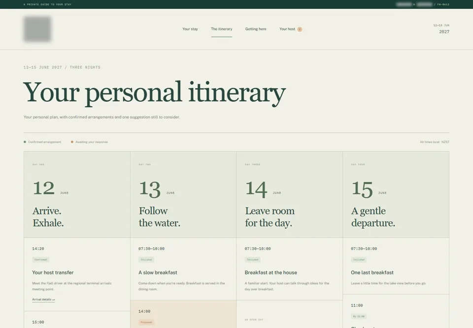 Your personal itinerary — identifying labels masked