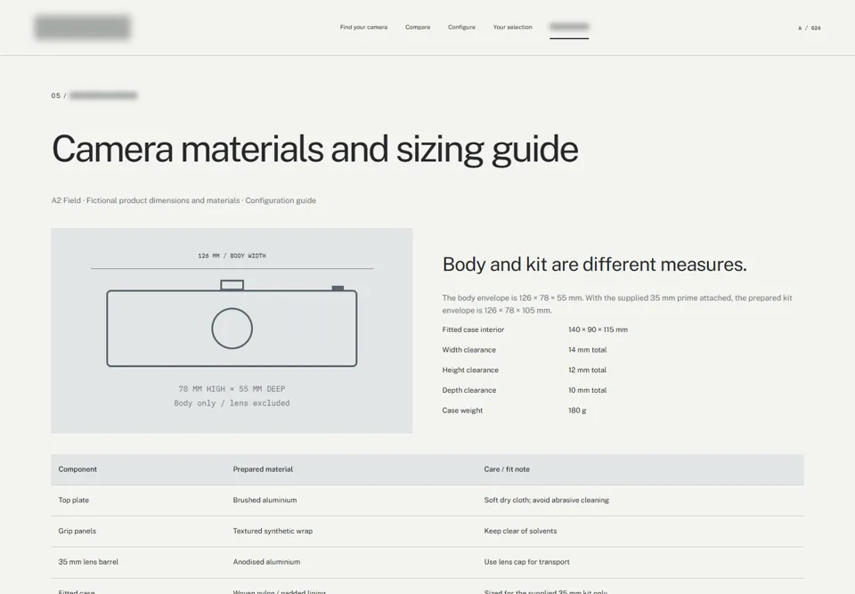 Camera materials and sizing guide — identifying labels masked