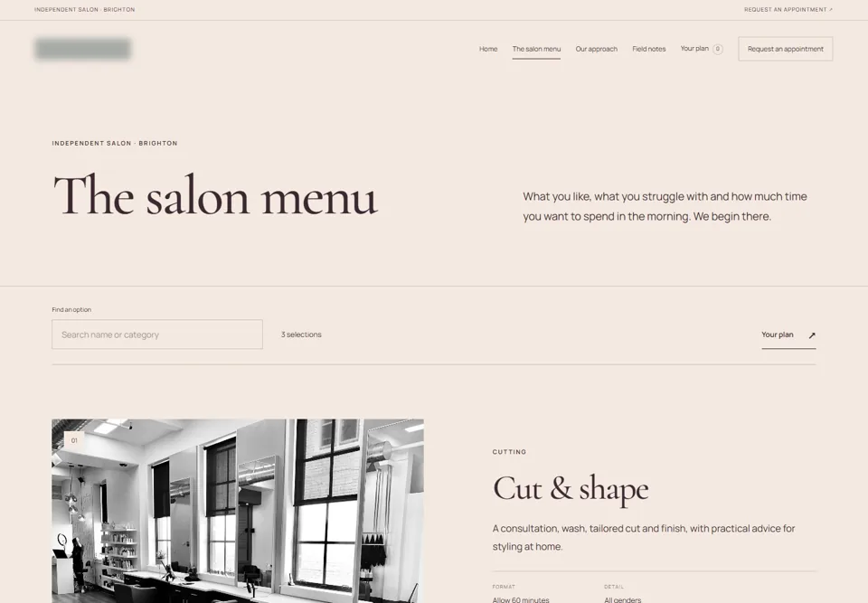 The salon menu — identifying labels masked