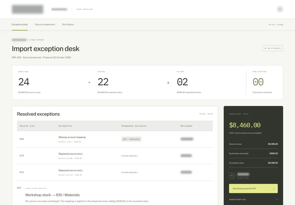 Import exception desk — identifying labels masked