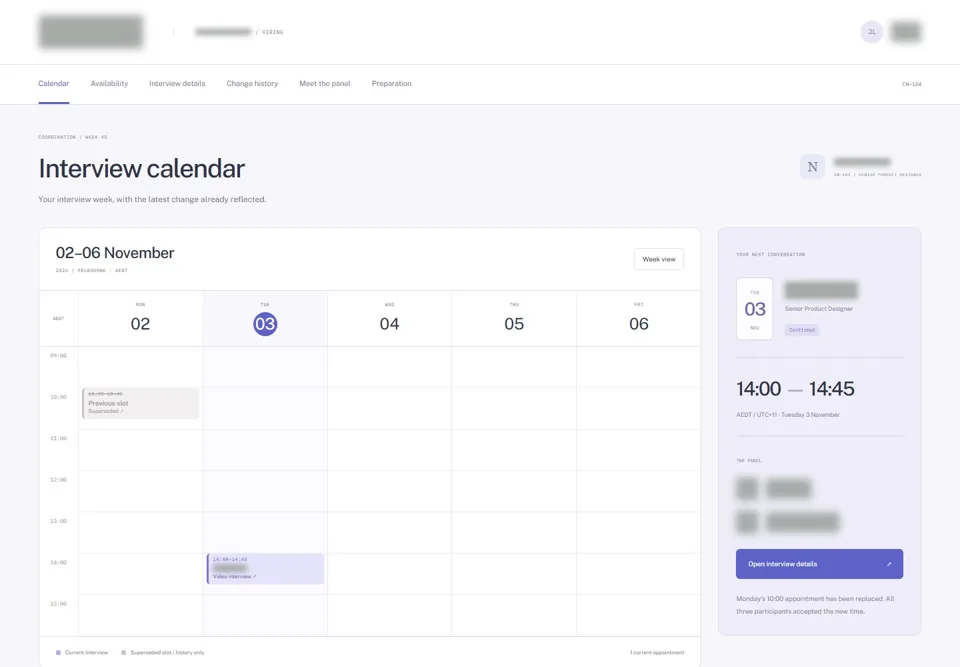 Interview calendar — identifying labels masked
