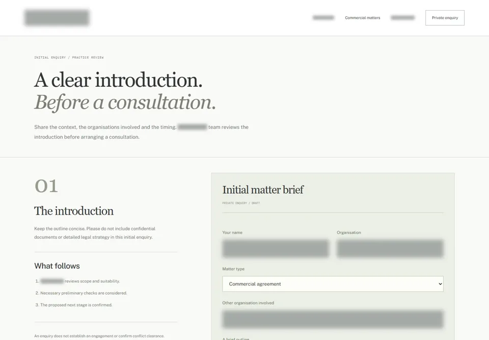 Initial private enquiry — identifying labels masked