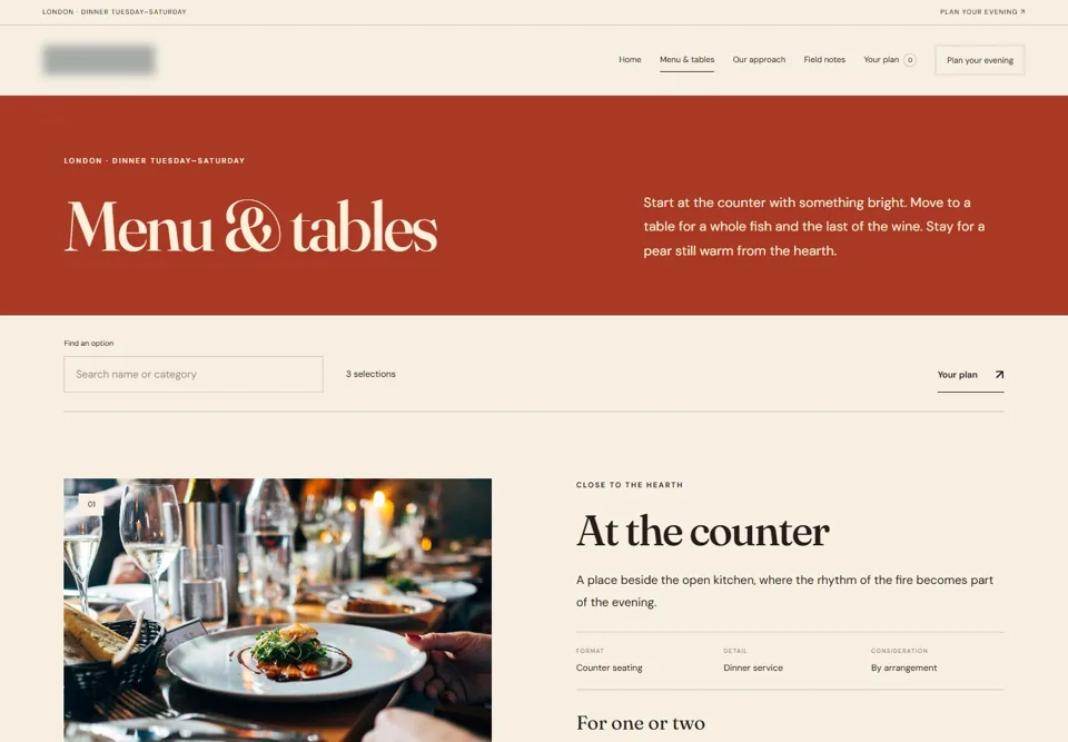 Menu & tables — identifying labels masked