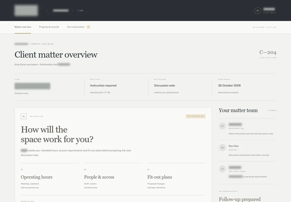 Client matter overview — identifying labels masked