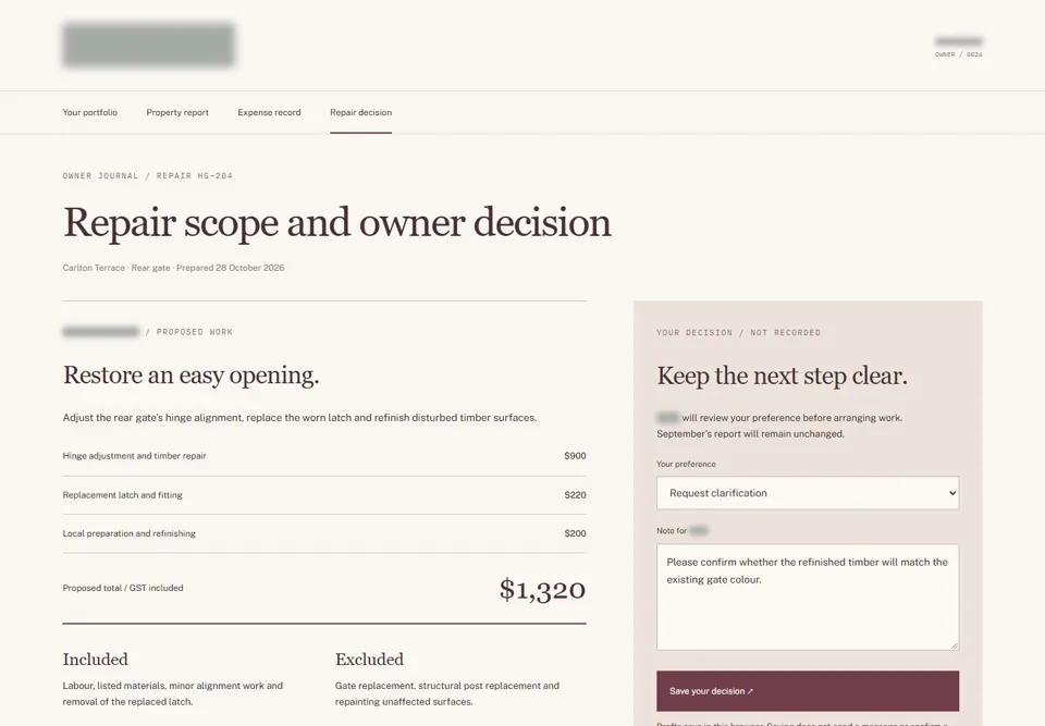 Repair scope and owner decision — identifying labels masked