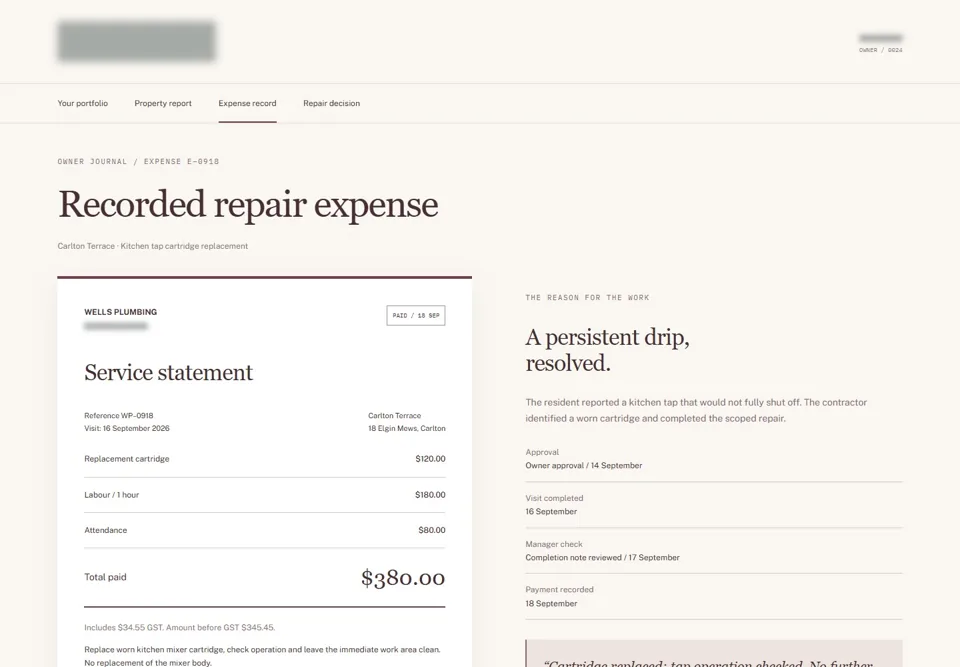 Recorded repair expense — identifying labels masked