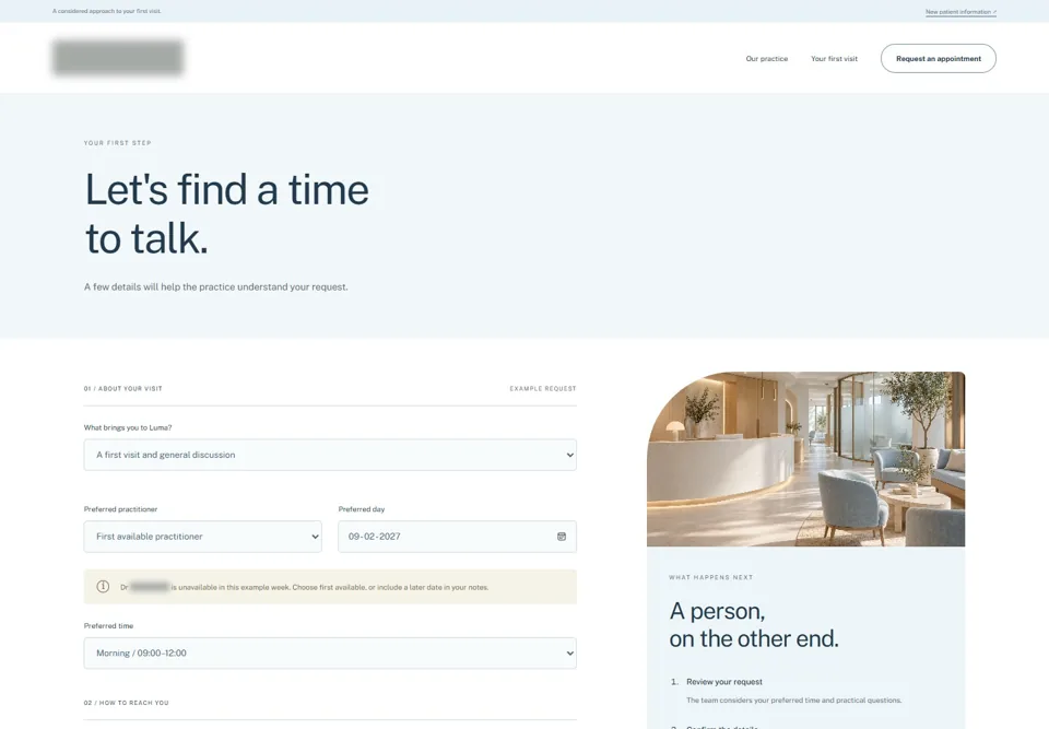 Request an appointment — identifying labels masked