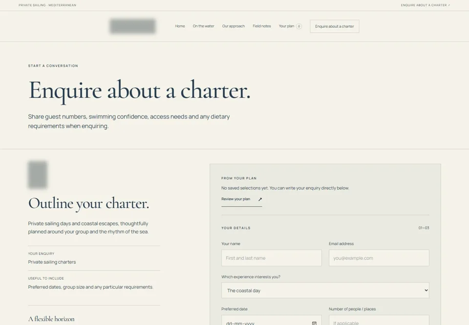 Enquire about a charter — identifying labels masked
