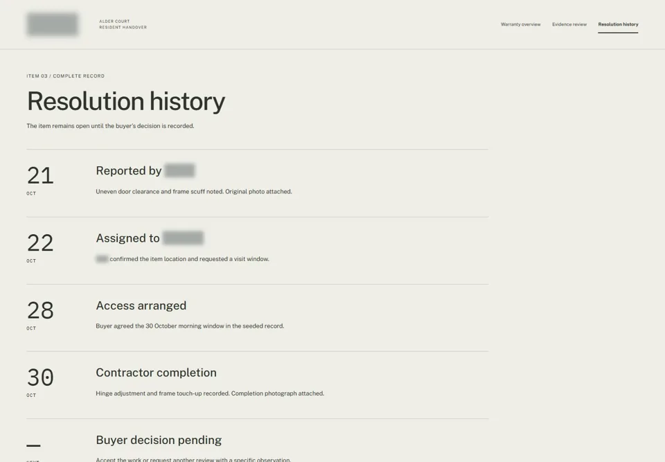 Resolution history — identifying labels masked