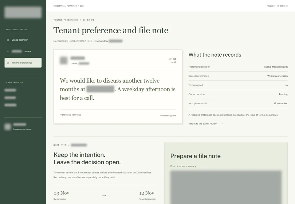 Tenant preference and file note — identifying labels masked