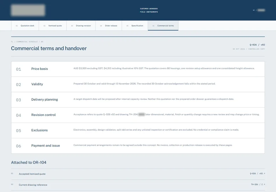 Commercial terms and handover — identifying labels masked