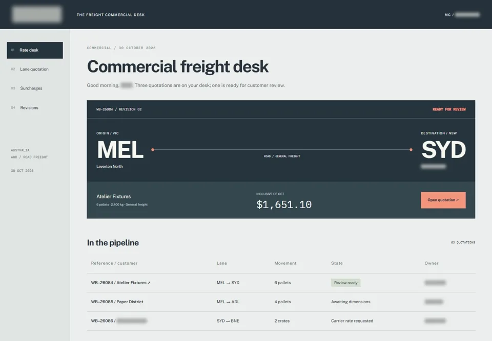 Commercial freight desk — identifying labels masked