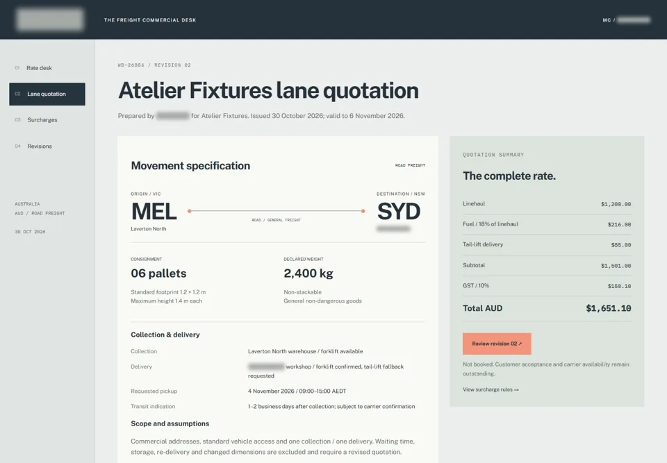 Atelier Fixtures lane quotation — identifying labels masked